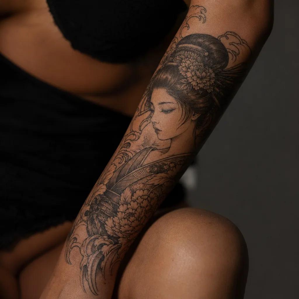 idée tatouage femme bras geisha japonaise sleeve