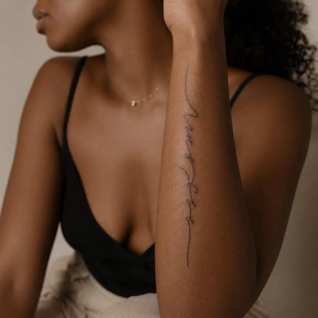 idée tatouage femme bras lettrage manuscrit vertical