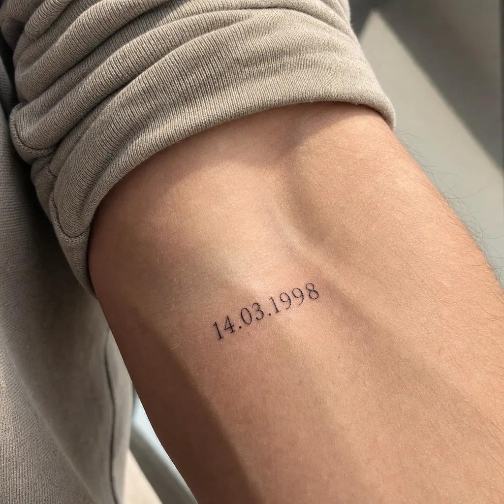 geburtsdatum-tattoo minimalistisches sans-serif-datum, Foto auf echter Haut