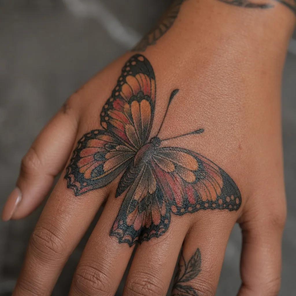 hand-tattoo neo-traditional schmetterling hand, Foto auf echter Haut