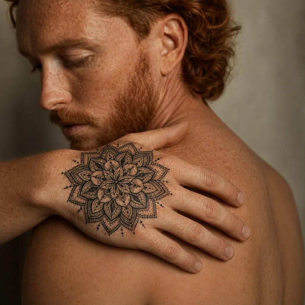 hand-tattoo ornamentales mandala hand, Foto auf echter Haut