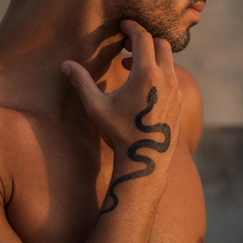 idée tatouage main homme serpent blackwork