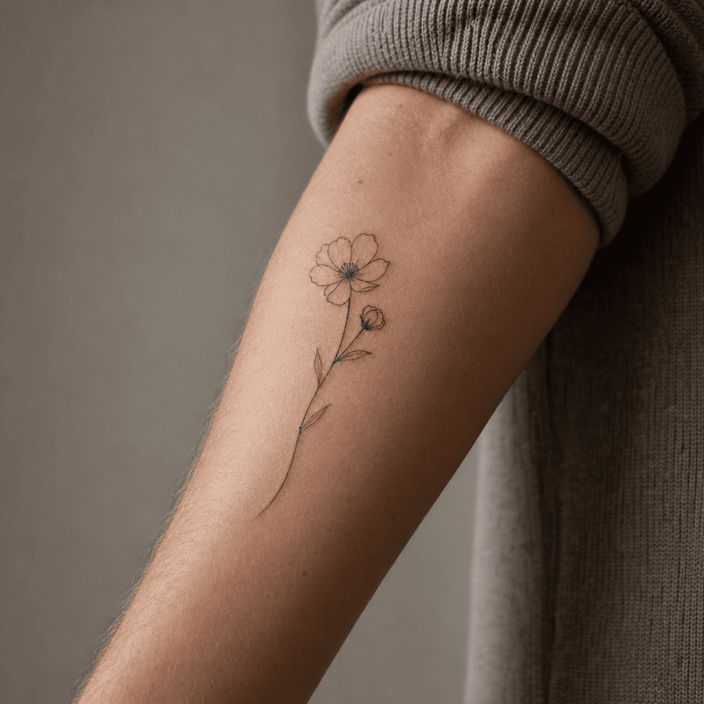 minimalistisch-tattoo minimalistische fineline-blume, Foto auf echter Haut