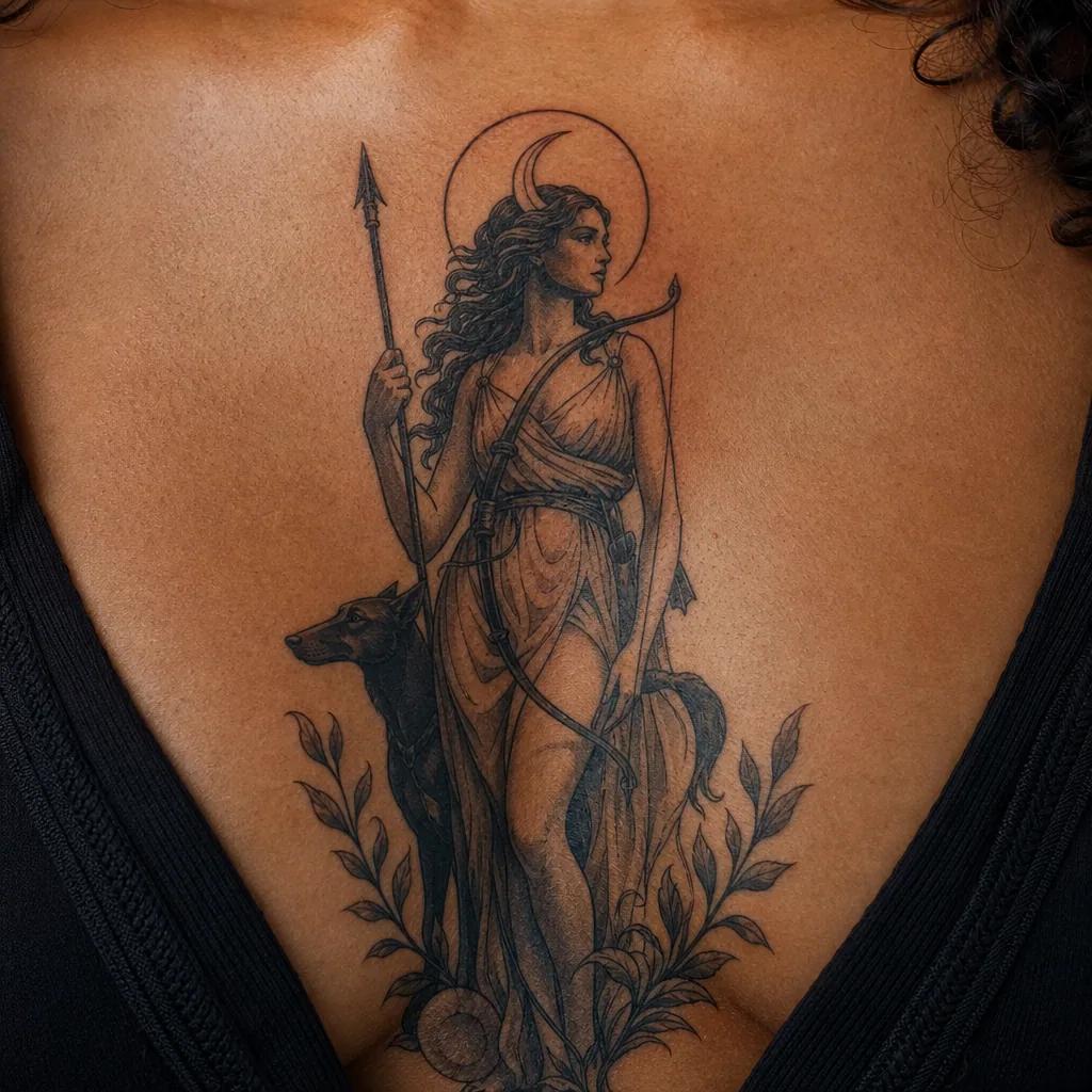 mond-tattoo diana die jägerin neo-traditional