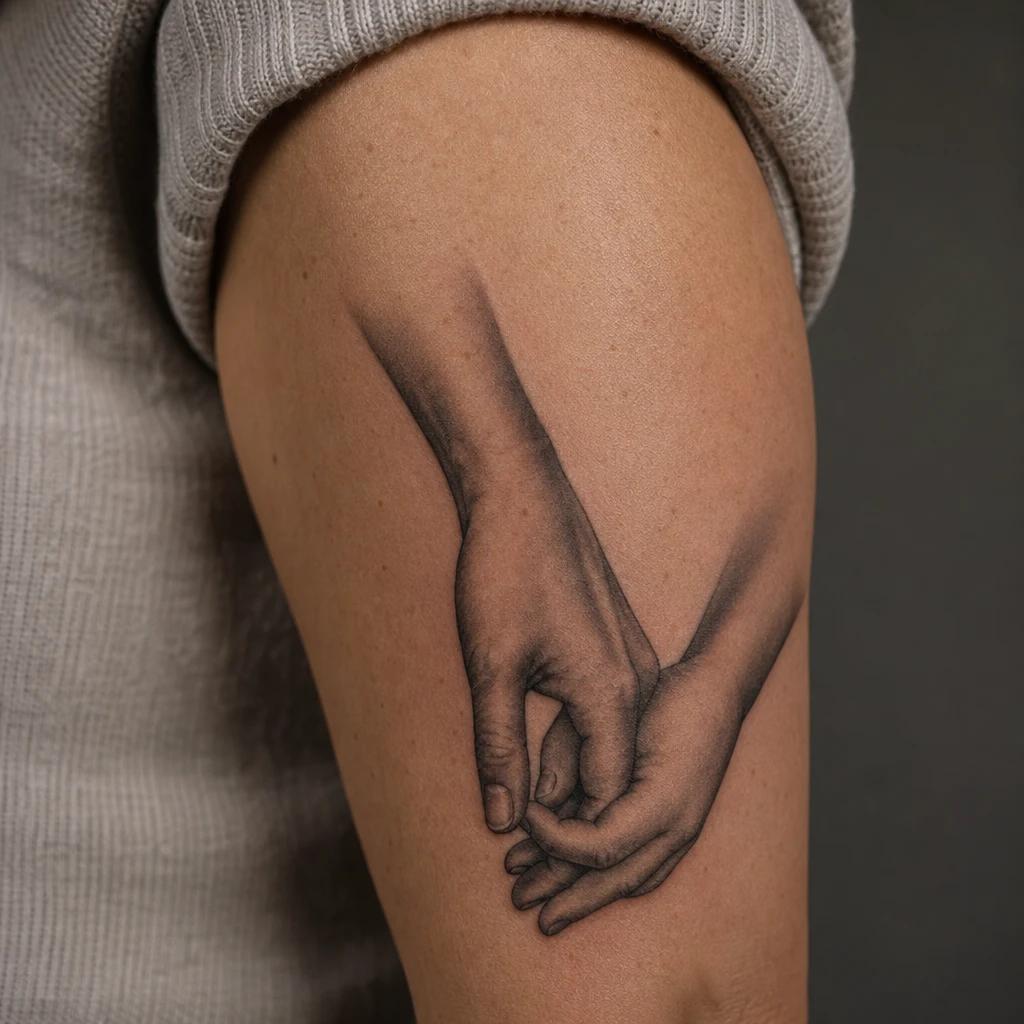 mutter-tochter-tattoo realistische hände von mutter und kind, Foto auf echter Haut