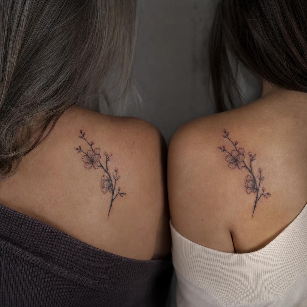 mutter-tochter-tattoo kirschblüten für mutter und tochter, Foto auf echter Haut