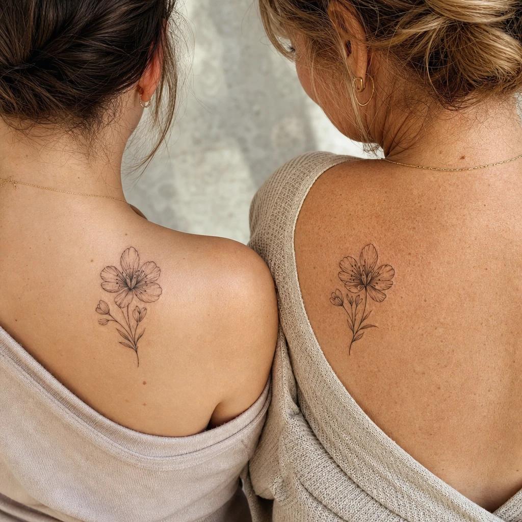 mutter-tochter-tattoo blume aus mutter und tochter, Foto auf echter Haut