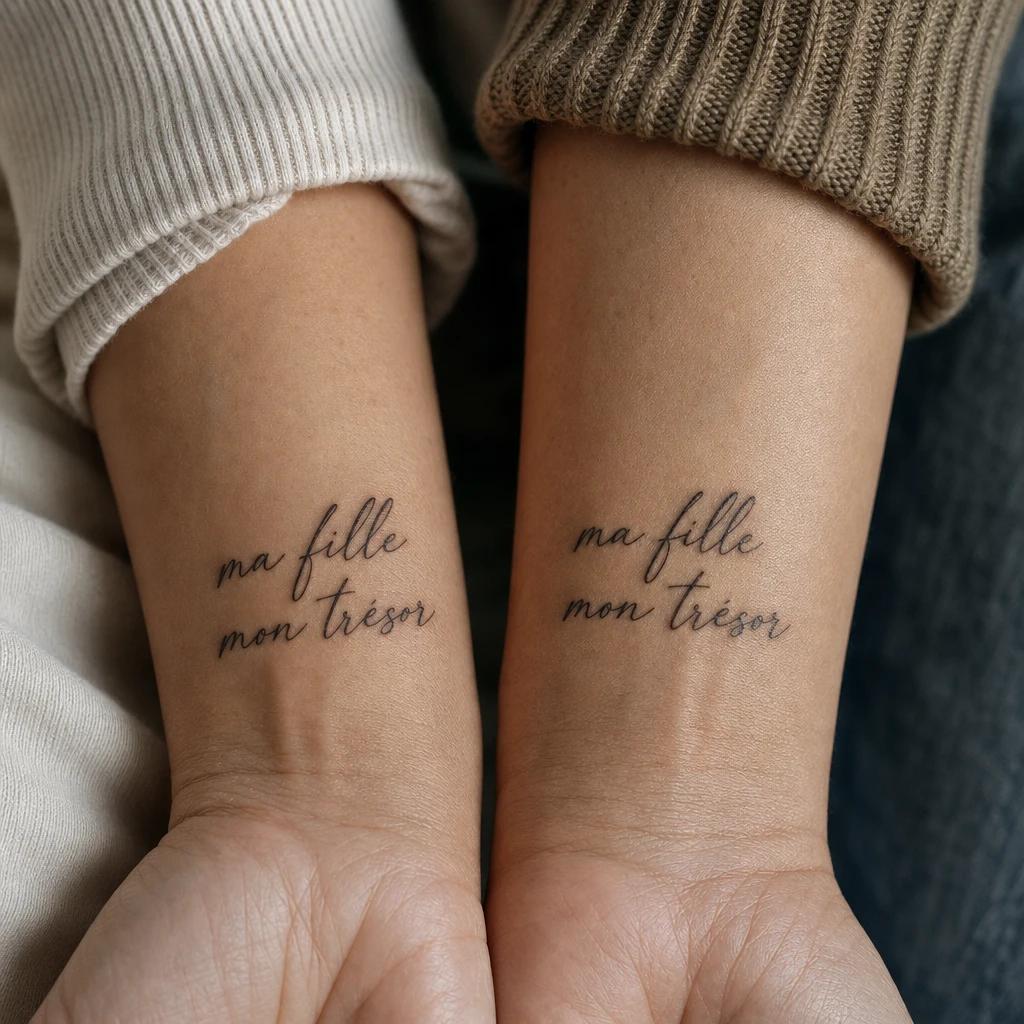 mutter-tochter-tattoo lettering meine tochter mein schatz, Foto auf echter Haut
