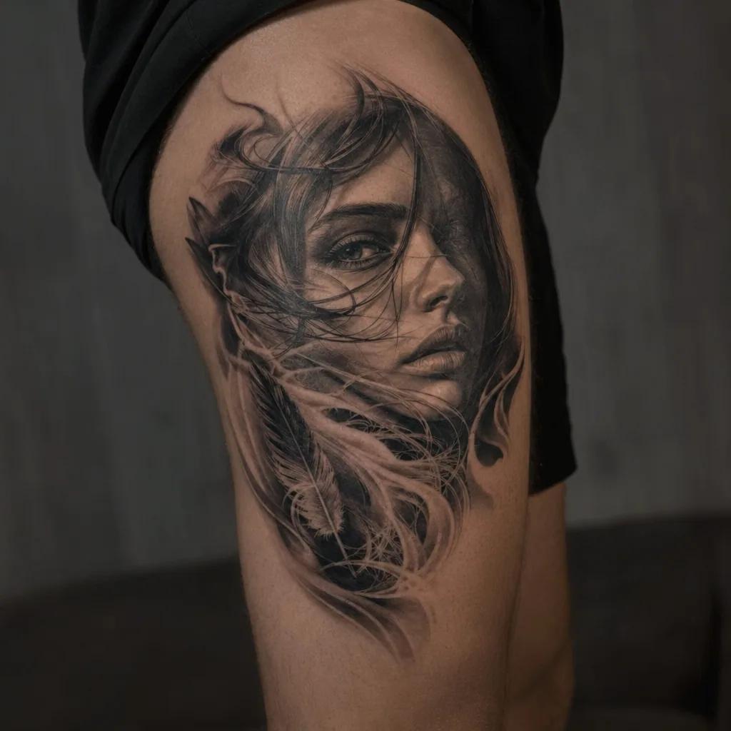 oberschenkel-tattoo realistisches schwarz-grau-portrait