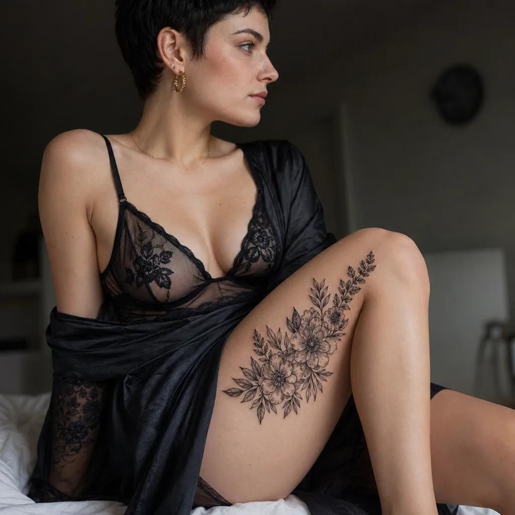 oberschenkel-tattoo detaillierter blumenstrauß
