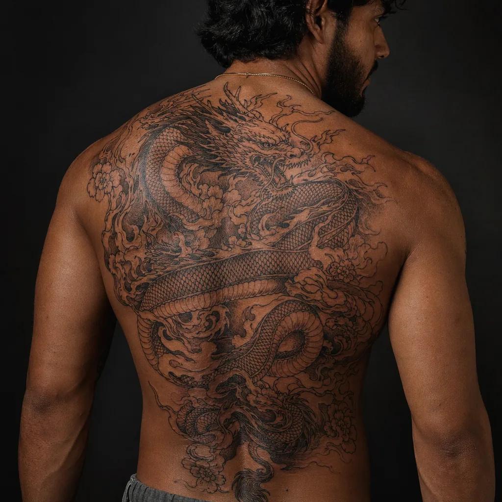 rücken-tattoo geschwungener japanischer drache