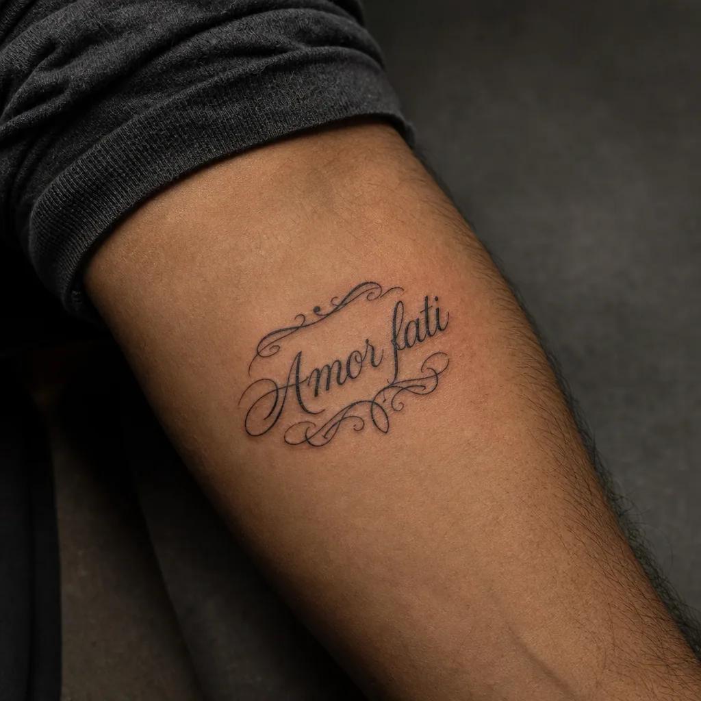 schriftzug-tattoo verzierte kalligrafie mit schwüngen, Foto auf echter Haut