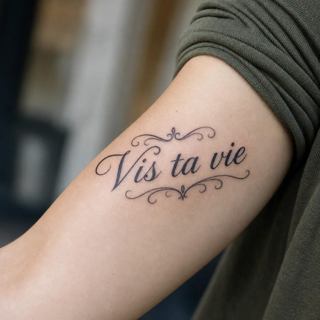 schriftzug-tattoo verzierte kalligrafie mit schwüngen, Foto auf echter Haut