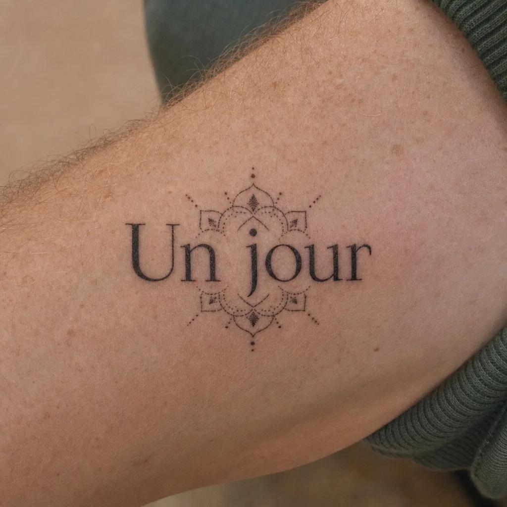 schriftzug-tattoo ornamentales zitat mit mandala, Foto auf echter Haut