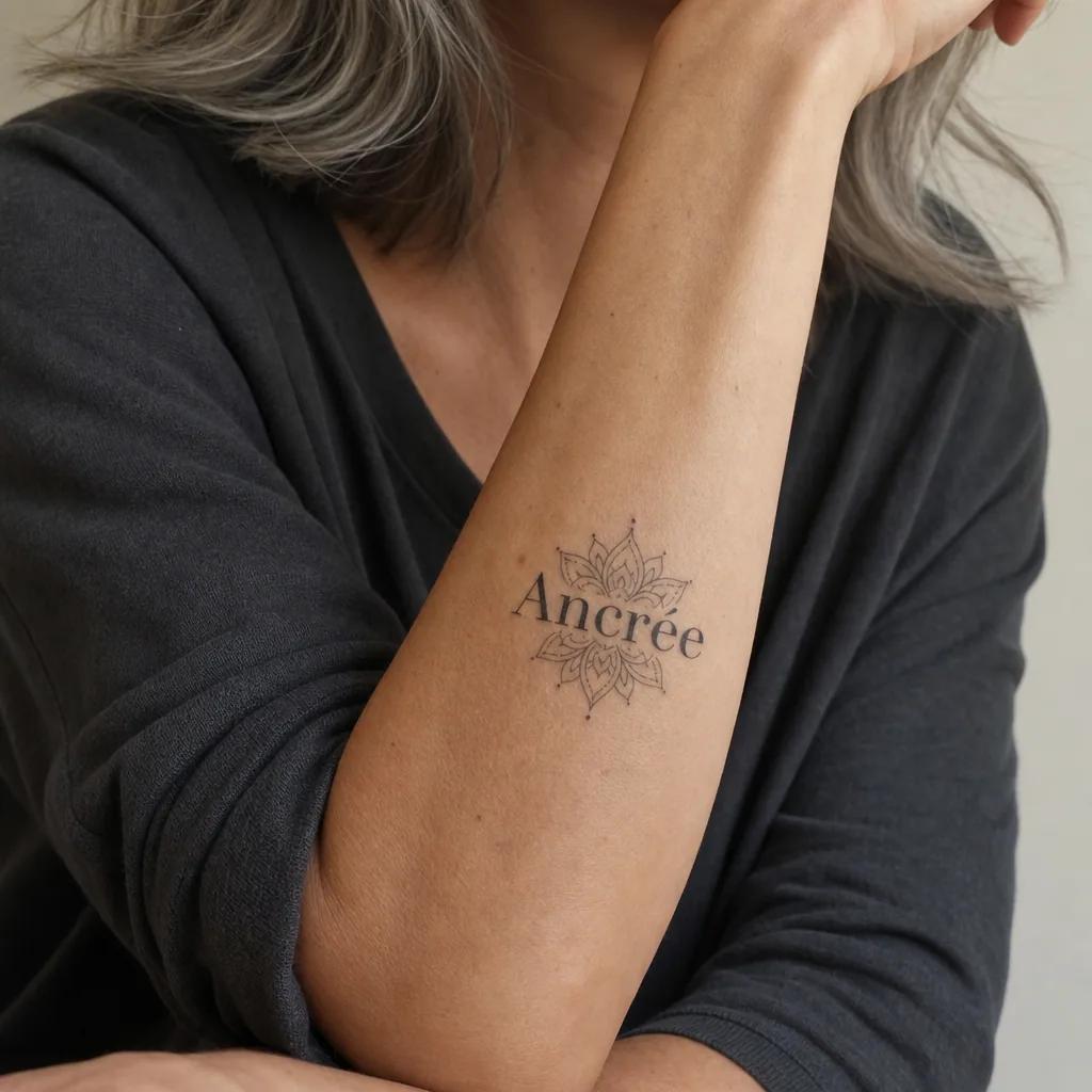 schriftzug-tattoo ornamentales zitat mit mandala, Foto auf echter Haut