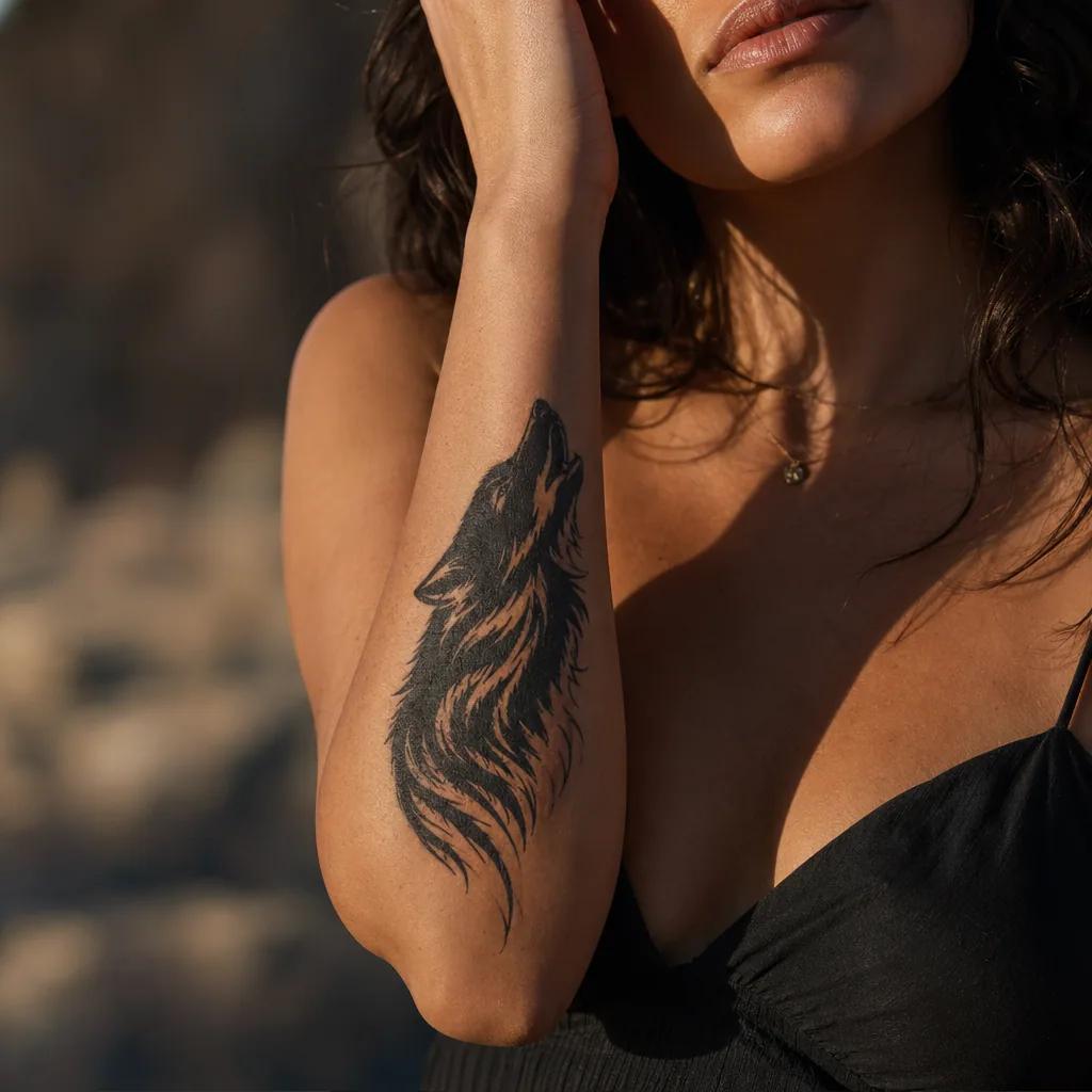 unterarm-tattoo wolf in blackwork, Foto auf echter Haut