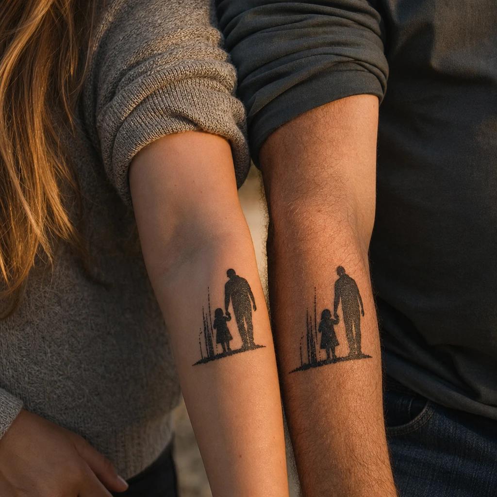 vater-tochter-tattoo vater und kind blackwork, Foto auf echter Haut