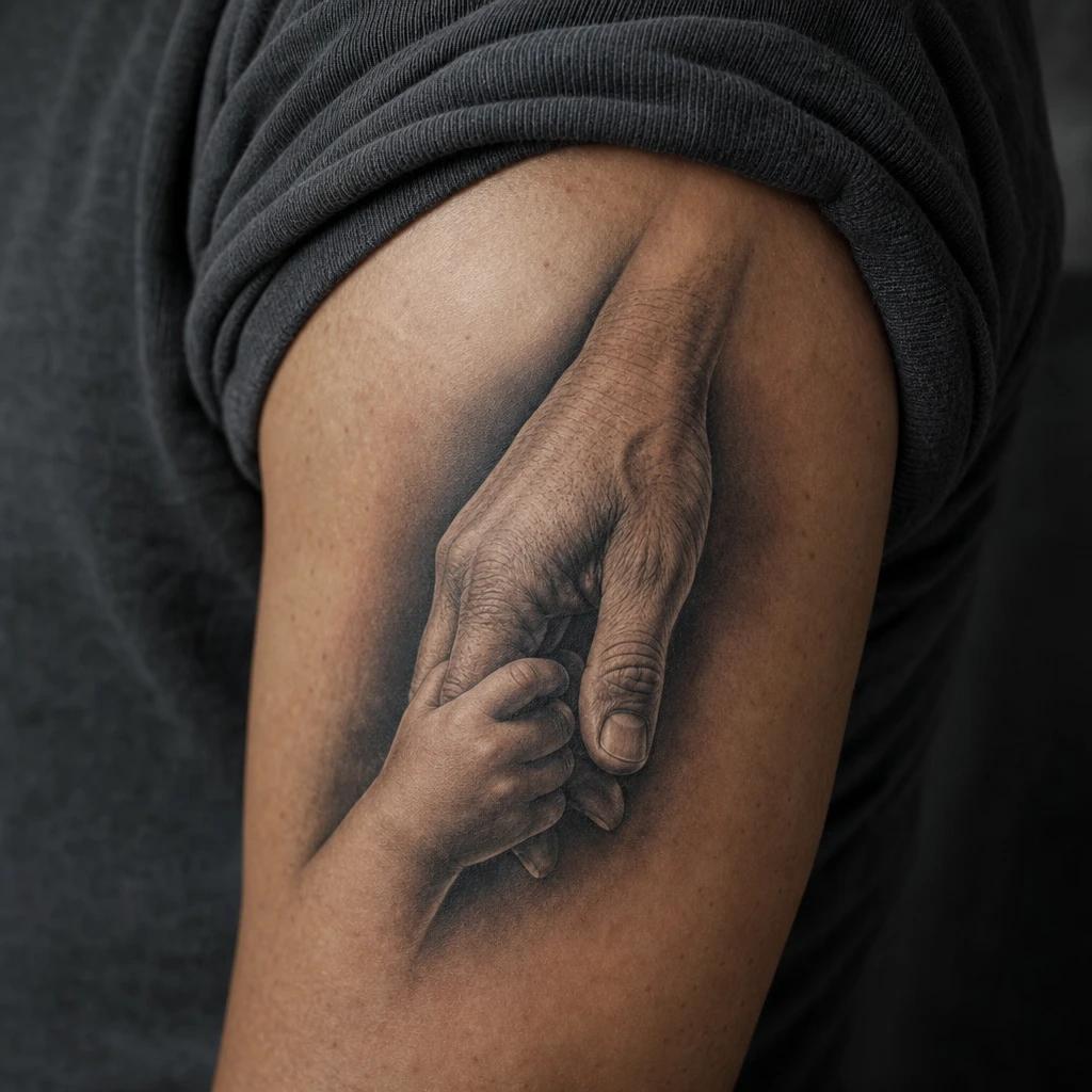 vater-tochter-tattoo realistische hände, Foto auf echter Haut