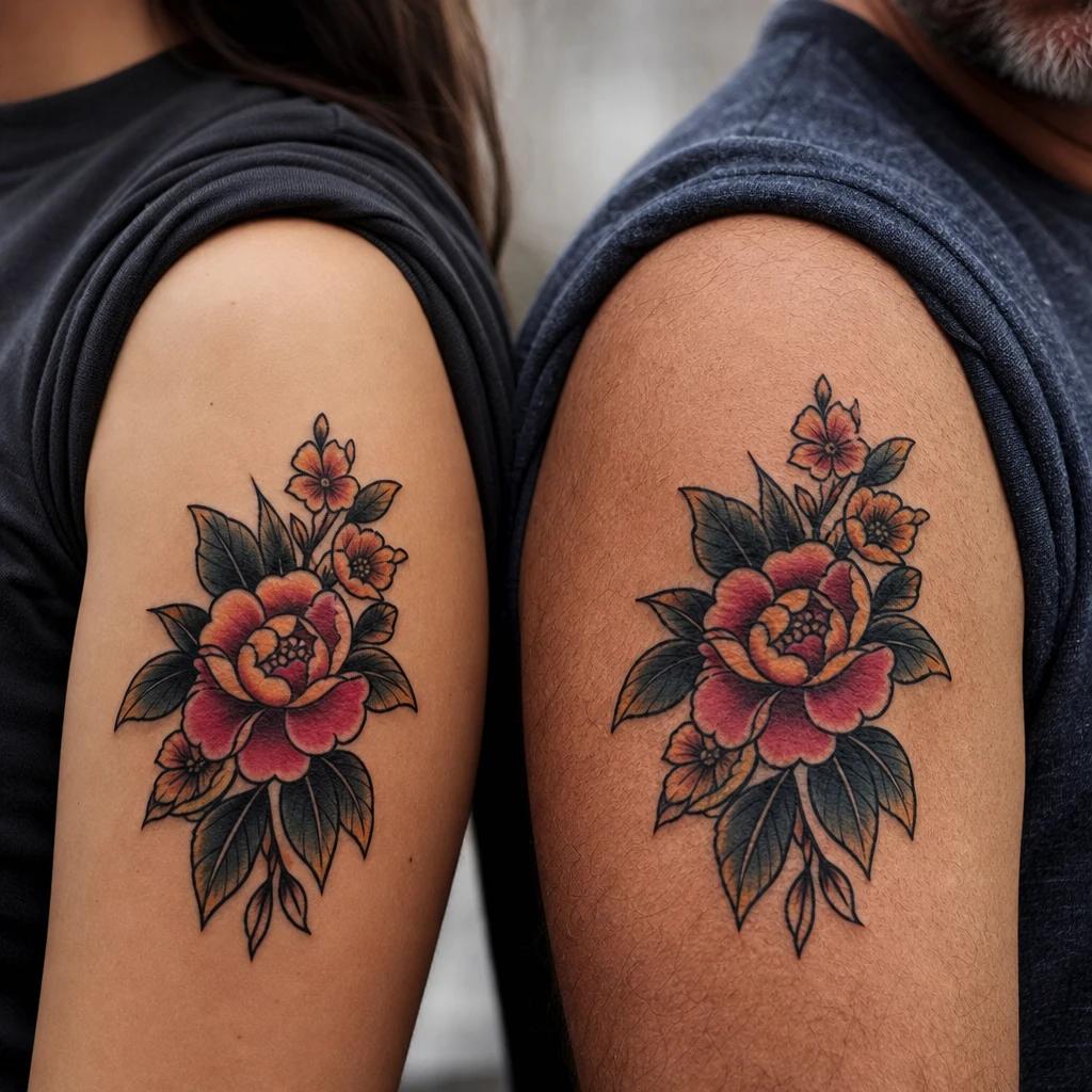 vater-tochter-tattoo neo-traditional blumen, Foto auf echter Haut
