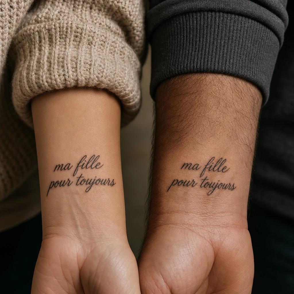 vater-tochter-tattoo lettering für immer, Foto auf echter Haut